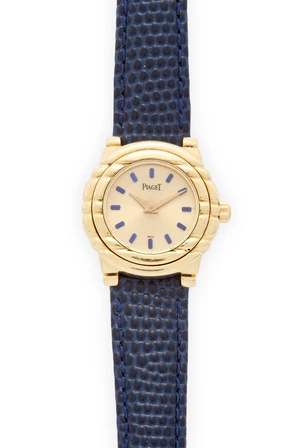Piaget. A quartz wristwatch with lapiz lazuli markersTanagra, Reference 16231, Case number 630098, Circa 1990Jewelled quartz movement, champagne dial with appl