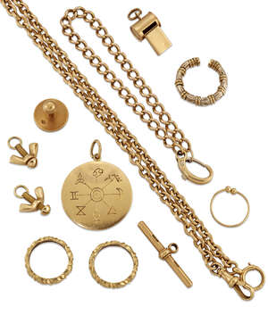 A group of miscellaneous 18ct gold jewellery, comprising: an 18ct gold circular zodiac pendant, 17.6g; an 18ct gold belcher-link watch chain, with central hook
