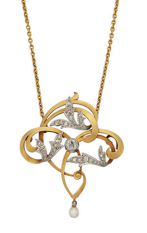 
	
		A French Art Nouveau gold and diamond pendant necklace, the textured openwork entwined...