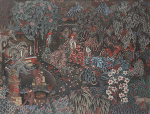 
	
		Batuan School (circa 1940), pen and black ink and bodycolour on paper, deities in a...