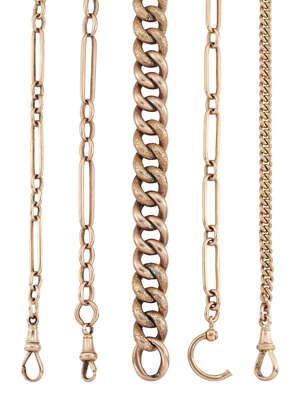 Two  early 20th century 15ct gold fetter and three link watch chains, together with a 9ct gold curb watch chain, a large curb link bracelet (clips deficient) a