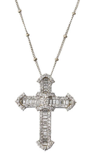 
	
		A diamond cross pendant necklace, the cross with baguette-cut diamond line centre to...