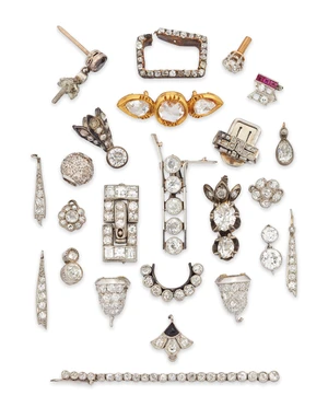 A group of diamond set components,&nbsp;including three diamond-set cusp mounts; a pav&eacute; diamond...
