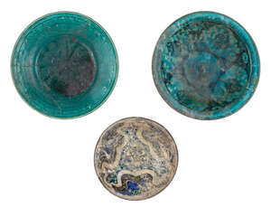 
	
		Three turquoise glazed pottery vessels, probably Kashan, Iran, 13th century, comprising a...
