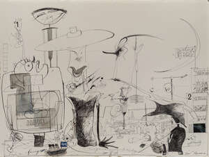 
	
		David Hughes, 
		British b.1952- 
		River Thames; 
		ink on paper, signed lower left...