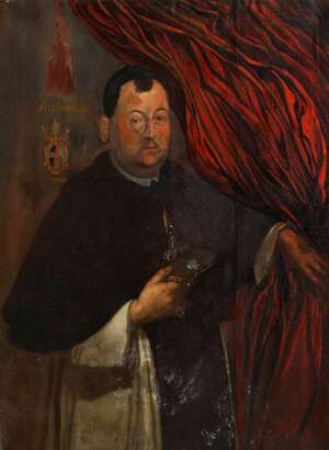 
	
		European School, early 18th century- Portrait of a cleric, standing half-length turned to...