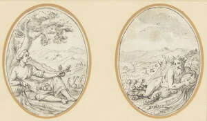 Genoese School, 
		early 17th century- 
		 
		Two mythological figures; 
		 
		pen and grey black ink and wash on laid paper, ovals, a pair, in shared m