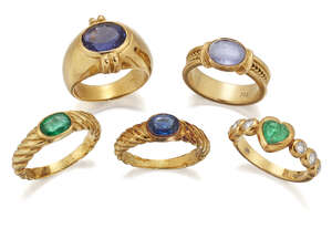 
	
		Five gem-set rings, comprising: three rings by Annabel Jones, set with emeralds,...