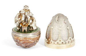 
	
		A silver gilt Christmas surprise egg by Stuart Devlin, London, c.1986, opening to reveal...