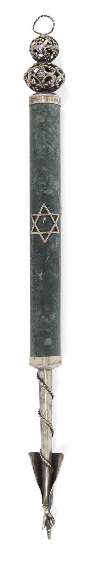 
	
		A 20th century silver mounted Torah pointer, yad, bearing spurious Russian marks, the...