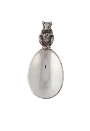 A silver caddy spoon, London c.1982, Brian Fuller, the handle in the form of a Glis glis (edible dormouse) 6.5cm, in original box