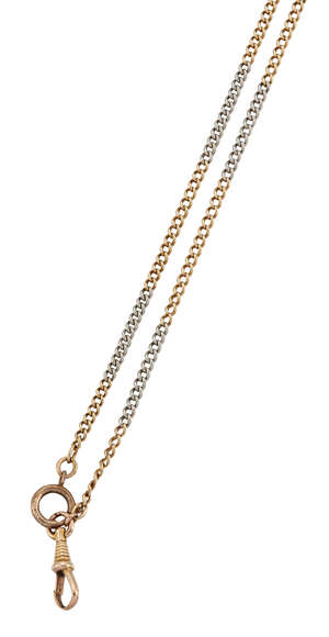 A late 19th / early 20th century gold and platinum watchchain, of curb link design with clip and bolt ring terminals, gross weight 11.8g, length 43.0cm
		 
