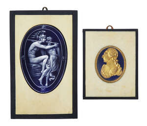 
	
		A Limoges enamel plaque, 19th century, depicting two classical figures, signed C C...