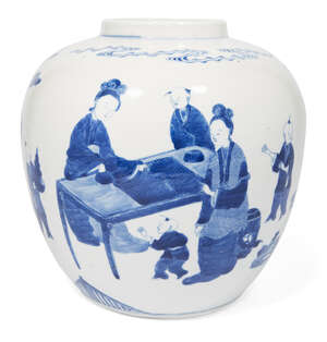 A large Chinese porcelain ginger jar, Kangxi mark, 19th century, painted in underglaze blue with a continuous scene depicting women and children, including two