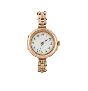 A 9ct gold wristwatch, by Rolex, the white circular dial with red Arabic 12 and black Arabic hour markers, in plain case to an expandable flexible bracelet, ca