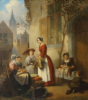
	
		Auguste Coomans, 
		Belgian 1855-1896- 
		 
		Mother and daughter purchasing...