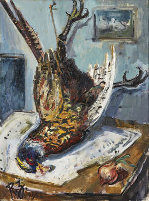 
	
		Renzo Zanutto, 
		Italian 1909-1979- 
		 
		Il Fagiano, 1956; 
		 
		oil on canvas,...