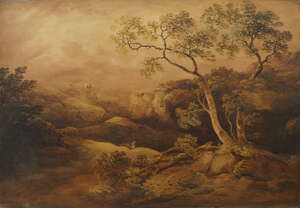 
	
		British School, 
		early 19th century- 
		 
		Wooded mountainous landscape; 
		 
		
