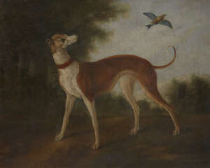 
	
		Circle of John Wootton, 
		British 1682-1764- 
		 
		Greyhound with a grouse in a...