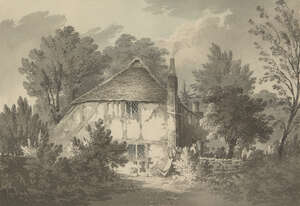 James Bourne, 
		British 1773-1854- 
		 
		A Cottage at Buchanan with pig bench; 
		 
		pen and black ink and wash and touches of watercolour, 29x42.5cm