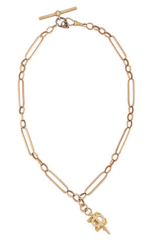 A late 19th century gold watch chain, of fetter and three design, suspending a monogram design fob to a bar terminal, approximate gross weight, 36.0g