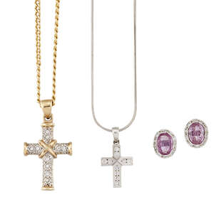 
	
		A small group of jewellery,  comprising: a pair of oval  pink tourmaline and baguette-cut...
