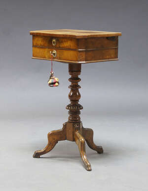 
	
		A Victorian mahogany and crossbanded work table, the shaped quarter veneered top with...