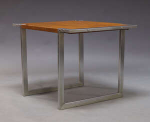 
	
		Attributed to George Ciancimino, c. 1970s, a faux leather and brushed steel desk,  the...