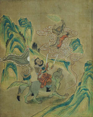 
	
		19th century Chinese School, pair of ink and colour on silk paintings, one depicting the...