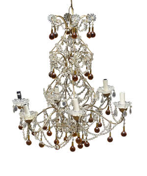
	
		Two similar Continental six light open work metal and glass chandeliers, late 19th/early...