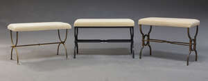 
	
		A French wrought iron stool, c.1960's, with cream velvet upholstered seat, on curved end...