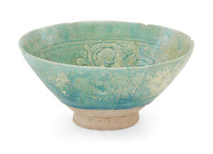 
	
		An incised ware turquoise glaze pottery bowl, Gurgan, Persia, 12th century, of conical...