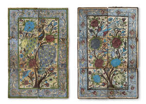 
	
		Two Qajar pottery pictorial tile panels, Iran, early 20th century, formed of 6 tiles...