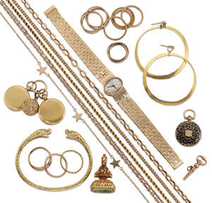 A group of 9ct gold and other jewellery, comprising:  a lady's 9ct gold bracelet watch by Beuche-Girod, the silvered dial with baton markers, signed Beuche