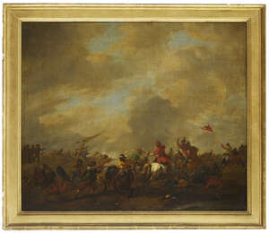 
	
		After Philips Wouwerman, 
		Flemish 1619-1668-
		 
		Battle scene between Orientals...
