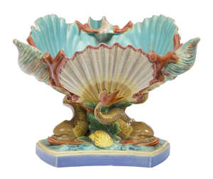 
	
		A Royal Worcester Majolica centrepiece bowl, 19th century, modelled as a shell with three...
