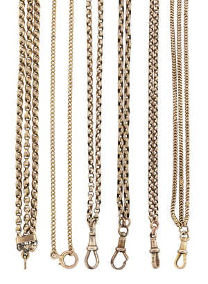 Four Victorian gold guard chains, one 15ct, one 9ct, of belcher and curb link design, the longest measuring 168cm, the shortest 152cm, together with two length