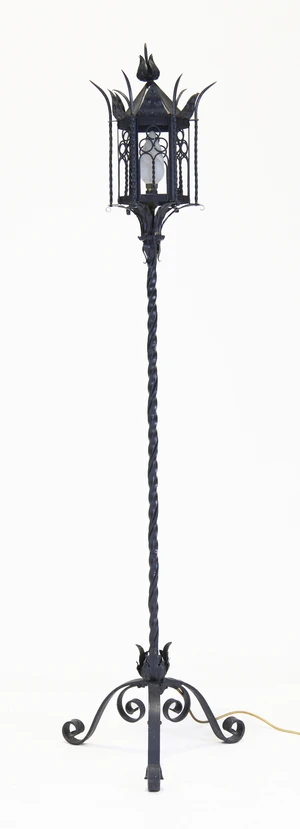 A Victorian Gothic revival wrought iron standard lamp, last quarter 19th century, with hexagonal...