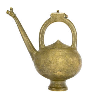 
	
		A Mughal brass ewer, engraved with Persian figures, India, 17th and 18th century, on a...
