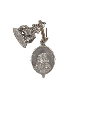 
	
		Charles II in Exile: a silver Royalist badge, young bust three-quarter left, inscribed...