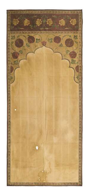 A Mughal printed cotton panel for a tent (Qanat), India, 18th century, of rectangular form, the cusped arch containing a plain cream ground, the spandrel with 