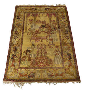 
	
		A Qajar Kashan pictorial carpet, Iran, late 19th century, the field depicting a court...