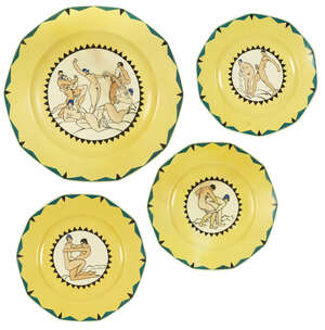 
	
		Villeroy & Boch, a large ceramic plate and three smaller plates printed with erotic...