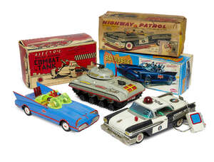 
	
		An Aoshin battery operated tinplate Batmobile, with Batman & Robin in the cockpit, in...