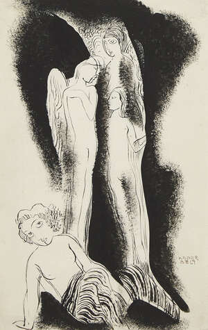 
	
		Bela Kadar, 
		Hungarian, 1877-1956- 
		 
		'Frauen und Engel', 1940; 
		 
		ink on...