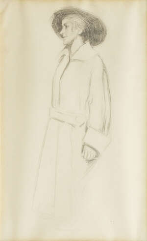 Helen Mary Jacobs BWS, British 1888-1970- Portrait of a lady standing three-quarter length, wearing a hat and coat; pencil, signed with initials, 23.3x15.6cm (