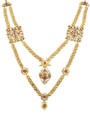 A synthetic ruby set necklace, the swag front composed of twin flexible lines of openwork sexfoil links with twin foliate and star panels, flowerhead triple mo