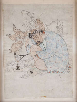 A seated figure in the style of Hossein Behzad (1894-1968), Iran, mid-20th century, gouache and ink on paper, shown performing a ritual to exorcise spirits, in