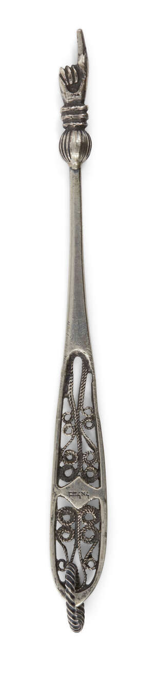 
	
		A small Israeli silver Torah pointer, signed Bezalel in Hebrew, apparently unmarked,...