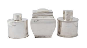 A silver tea caddy, Chester c.1907, George Nathan & Ridley Hayes, of plain oval form, together with two further silver tea caddies, marks rubbed, approx 12.8oz